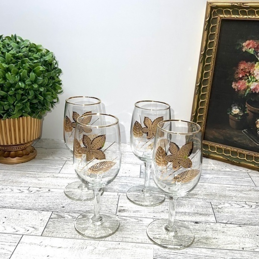Libbey Mid Century Gold Leaf Stemmed Wine Glasses Set of 4